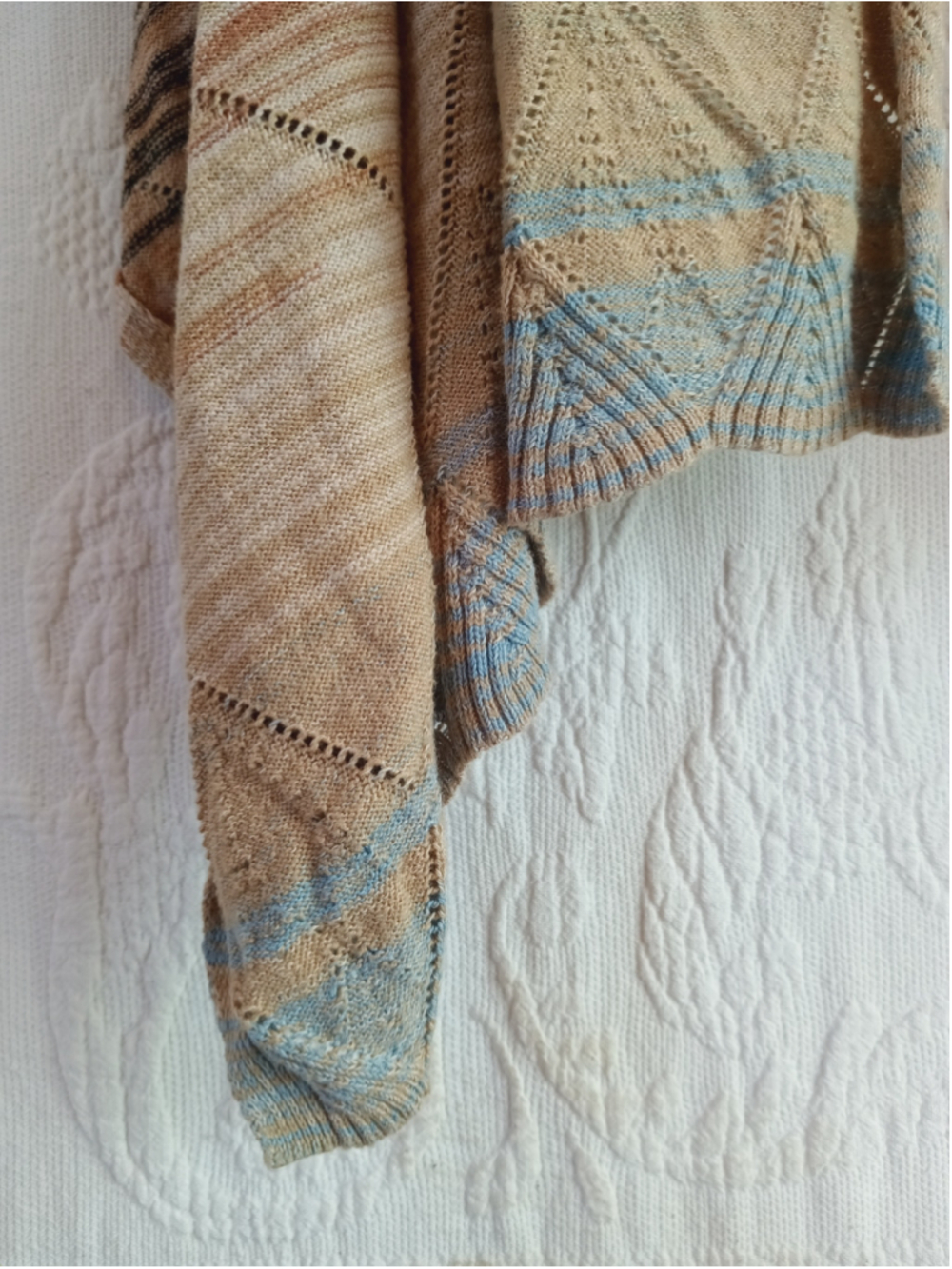 Pointelle Open Front waterfall Cardigan Beige Blue Striped knit sweater diamond - Picture 6 of 10
